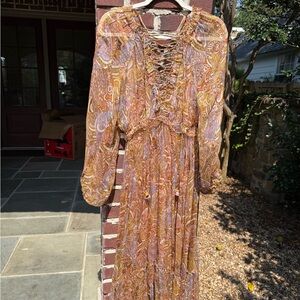 Zimmermann Paisley Lace-Up Long Sleeve Dress